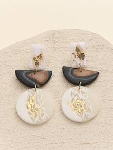 1 Pair Fashion Retro Premium Polymer Clay And Metal Drop Earrings With Marbled Agate Texture Gilding Detail Asymmetrical Geometric Shape Decor Dangle Earrings For Young Females Weekend Hangout Art Exhibition Wear And Retro Luxury Style Enthusiasts Party Daily Accessories - Multicolored Gilded Pottery - View 11