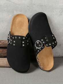 Zuecos de ante y madera para mujer, pantuflas de cuero, plantilla de corcho suave, soporte de arco, correa ajustable, pantuflas de interior - Negro - Ver 7
