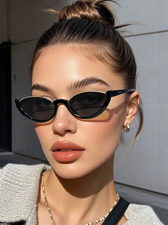 1 Pair New European & American Half-Frame Cat Eye Fashion Small Oval Frame Glasses, Suitable For Outings, Shopping, Photography, Beach Activities, Etc.