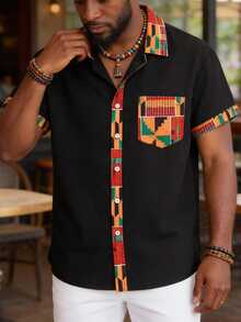 GOLDREDY 男士纯色舒适透气面料拼接印花撞色纽扣领设计休闲修身短袖衬衫，适合日常穿着、通勤、夏季新品 - 黑色 - 查看 1