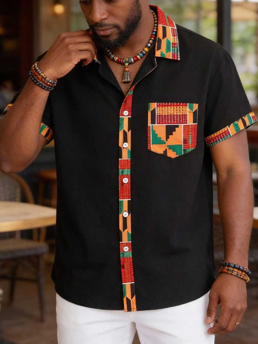 GOLDREDY 男士纯色舒适透气面料拼接印花撞色纽扣领设计休闲修身短袖衬衫，适合日常穿着、通勤、夏季新品 - 黑色 - 查看 1