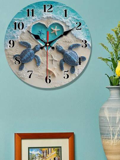 1pc Heart-Themed Wall Clock, Sea Turtle & Heart Ocean Design - Silent Non-Ticking Battery Operated Round Wooden Wall Clock, Suitable For Bedroom, Living Room Decor, Valentine's Day, Anniversary, Birthday Gift (Batteries Not Included), Bedroom Wall Clock | Ocean Design | Durable Plastic, Living Room Wall Clock