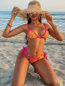 2pcs Women's Sexy Shiny Printed Spaghetti Strap Bikini Set, Tie-Up Triangle Style - Multicolor - View 7