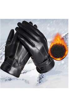 1双女士冬季保暖时尚PU皮手套，保暖内衬，防风防水，可触屏操作，休闲户外 - 羅口三道 - 查看 1