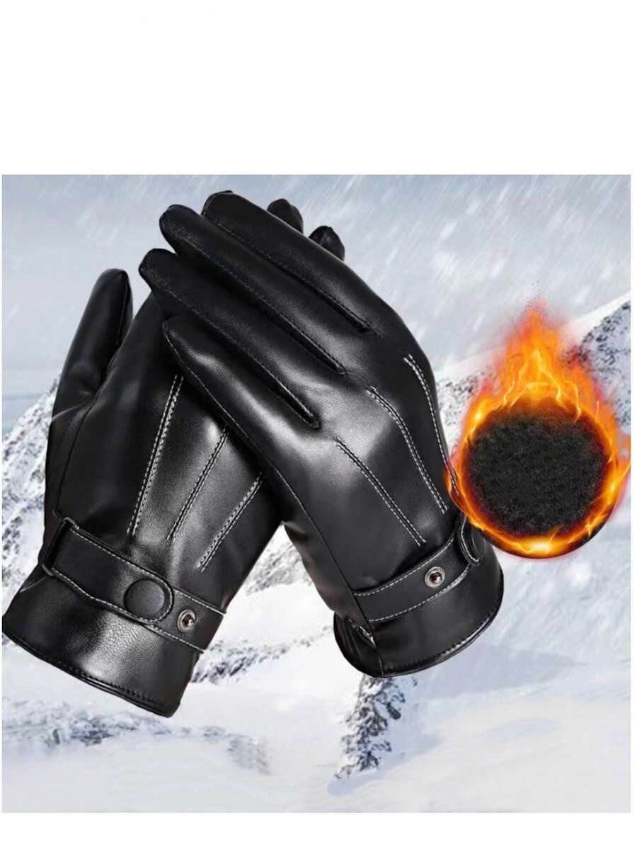 1双女士冬季保暖时尚PU皮手套，保暖内衬，防风防水，可触屏操作，休闲户外 - 羅口三道 - 查看 1