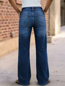 新款时尚女式直筒牛仔裤，舒适弹力，高品质，时尚休闲装 - 深色水洗藍 - 查看 4