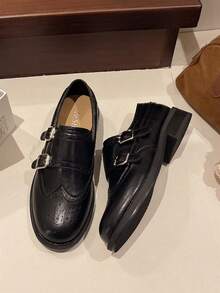 2026春季新款搭扣雕花布洛克乐福鞋软底平底学生鞋休闲英伦风女鞋 - 黑色 - 查看 8