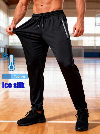 1pc Men's Casual Sports Pants, Summer Ice Silk Breathable Ultra-Thin Style, Drawstring Waist Design, Side Zipper Pocket Design, Suitable For Fitness, Outdoor Jogging And Daily Casual Wear
