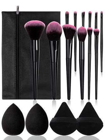 12pcs/13pcs/17pcs Best-Selling Makeup Brush Set, Multi-Purpose Face Makeup Brushes & High-Rebound Makeup Sponges, Portable Zipper Pouch