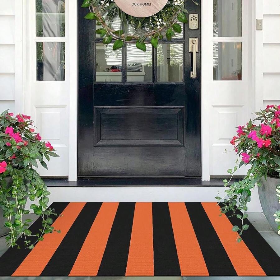 Fall Door Mat 27.5inch X 43inch Orange Black Striped Area Rug Washable Front Porch Rug Striped Door Mat Outside Entrance Entryway Doormat For Fall, Halloween, Than1ks 1giving Porch Decor,One-Size,OrangeFFBlackssstripe24inchx38inchRectangular - 橙黑條紋 24吋x38吋長方形 - 查看 1