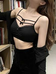 女士蝴蝶结蕾丝吊带背心，夏季外套 - 黑色 - 查看 7