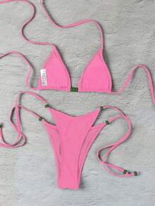 Polovedo 官方新款春夏优雅性感休闲纯色酒红色系带女士比基尼泳衣，适合海滩度假派对约会 - 粉色 - 查看 3