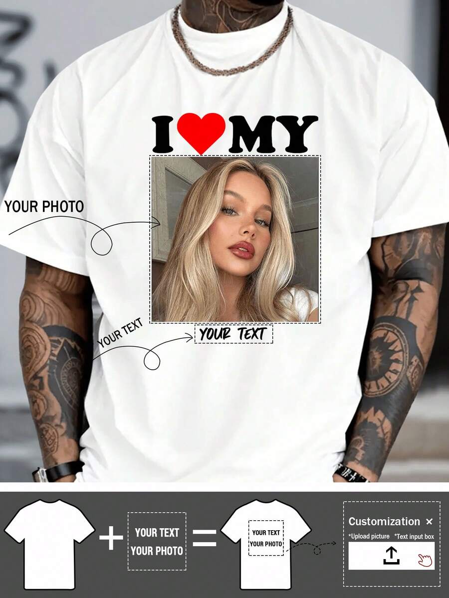 Customized Personalized Boyfriend Style Men's Loose Short Sleeve T-Shirt, Personalize With Your Own Photo Customizable Tee To Design T-Shirt For Valentine's Day Gift,Party, Team, Couple Matching, Workwear, Family - trắng - Xem 1