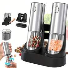 可充电电动盐和胡椒研磨器套装，海盐和玫瑰盐研磨器套装，带充电底座，2 件套，带收纳底座，LED 灯，研磨粗细可调，易于清洁，厨房必备，电动香料研磨工具，节日礼物 - 彩色 - 查看 2