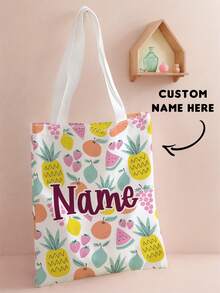 1pc Kids Customizable Name/Text Cute Fruit Pattern Printed Casual Tote Bag Shoulder Bag Shopping Bag, Reusable Fashion Backpack Multi-Function Shoulder Bag Shopping Bag - Multicolor - View 1