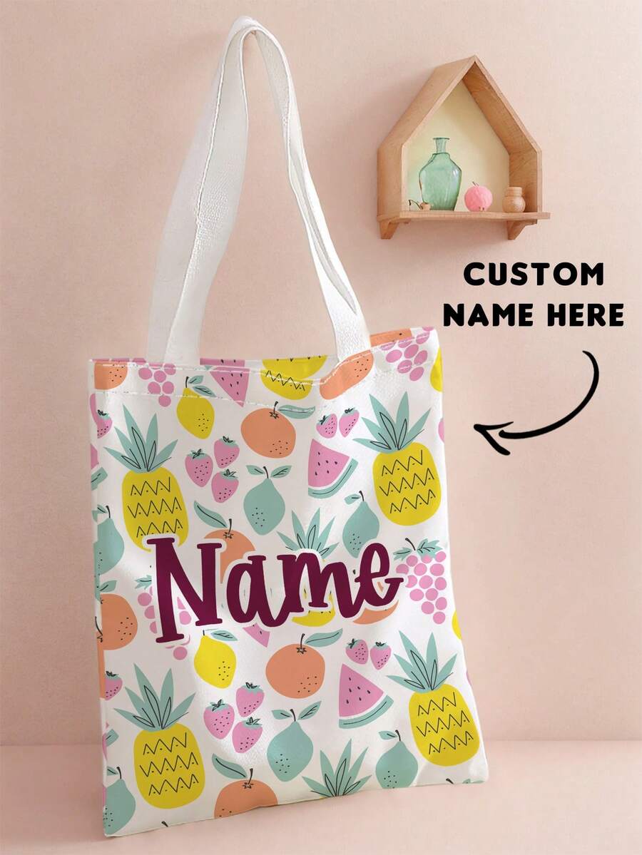 1pc Kids Customizable Name/Text Cute Fruit Pattern Printed Casual Tote Bag Shoulder Bag Shopping Bag, Reusable Fashion Backpack Multi-Function Shoulder Bag Shopping Bag - Multicolor - View 1