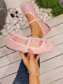 波西米亚风休闲玛丽珍鞋，编织软底，粉色，春夏秋季 - 粉色 - 查看 2