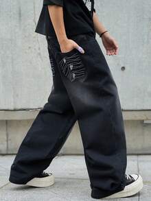 Hearty Haven 男士美式街头风刺绣阔腿牛仔裤，水洗休闲学院风宽松牛仔裤，四季皆宜，街头时尚（不含腰带或配饰） - 黑色 - 查看 8