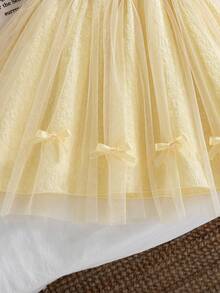 Girls' Casual Solid Color Sleeveless Knee-Length Dress With Bow Decor And Mesh Hem Design, Suitable For Spring/Summer - Yellow - View 6