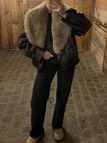 Seelio 秋冬新款女士时尚夹克，欧美风格简约百搭可拆卸领人造革夹克