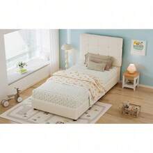 Lit de grande taille pour enfant sécurisé, design biscuit – Avec tête de lit douillette, barrières en mousse anti-choc, construction composite – 90x200 cm, couleur beige (Vendu sans matelas) - défaut - Voir 9