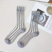 1 Pair Striped Sheer Glass Silk Stockings, Thin Breathable Mid-Calf Socks, Women's Long Socks, Spring/Summer - Multicolor - View 10
