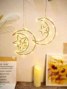 1 Warm Light Moon Hugging Double Star Multi Style Iron Ring LED Decorative Light, Moon, Moon Hugging Star, Moon Hugging Double Star, Moon Hugging Candle Star, With Flashing Function Like A Sky Full Of Stars, Multiple Styles Suitable For Holiday Decoration, Bedrooms, Wedding Parties, Holiday Decoration Lights (Excluding Batteries) - 暖光 - 查看 6