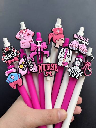 5/10pcs Pink Series Nurse Pens, Nurse Themed Retractable Ballpoint Pens, Suitable For Doctor, Nurse, Medical Assistant And Student Gifts, Nurse's Day Gifts, Medical Pen Set, Random Style