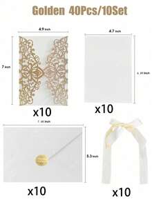 20/40pcs Gold Glitter Hollow Rose Shaped Wedding Invitations With Envelopes And RSVP Cards, Pre-Tied Satin Ribbons, For Wedding Anniversary, Bridal Shower, Engagement Party, Banquet Invitation - Multicolor - View 11