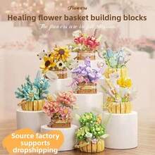 1件DIY创意拼图永生花篮，包含玫瑰、向日葵、紫罗兰、郁金香、康乃馨、菊花、扶桑花，浪漫花卉盆栽装饰，生日/万圣节/圣诞节礼物 - 彩色 - 查看 3
