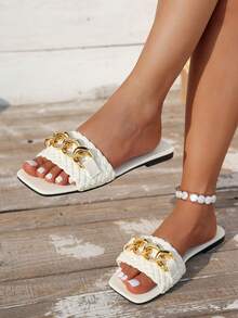 2025 Roman Style Fashion Buckle Flat Women Sandals Slippers For Summer - White - View 4