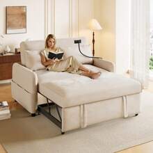 Modern Doppel-Klappschlafsofa, Multifunktionssofa Mit Schlaffunktion, Verstellbare Rückenlehne, Handyhalter, USB-Ladeanschluss, Geeignet Für Wohnzimmer, Schlafzimmer, Heimkino-Wohnung - Beige - View 5