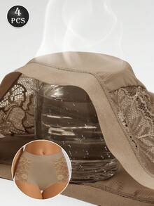 MEIYATING 4条装女士高腰花卉蕾丝网眼拼接无缝透气性感镂空三角裤，适合日常通勤 - 彩色 - 查看 7