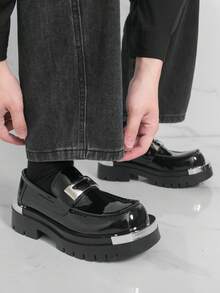 Men's Round Toe Thick Sole Derby Shoes, Fashion Loafers, Glossy Slip-On Casual Retro Dress Shoes For Men - Black - View 4