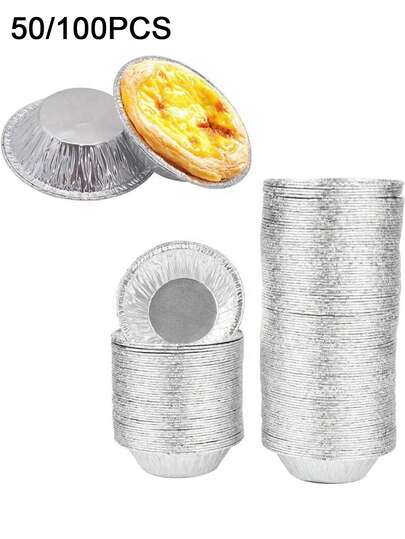 50/100个银色迷你派模具，一次性圆形挞皮，铝箔挞杯，适用于烘焙迷你鸡肉派、自制小蛋糕和乳蛋饼、甜点、纸杯蛋糕、布丁、开胃菜。铝箔模具，冷冻后可直接放入烤箱，适合家庭厨房使用。