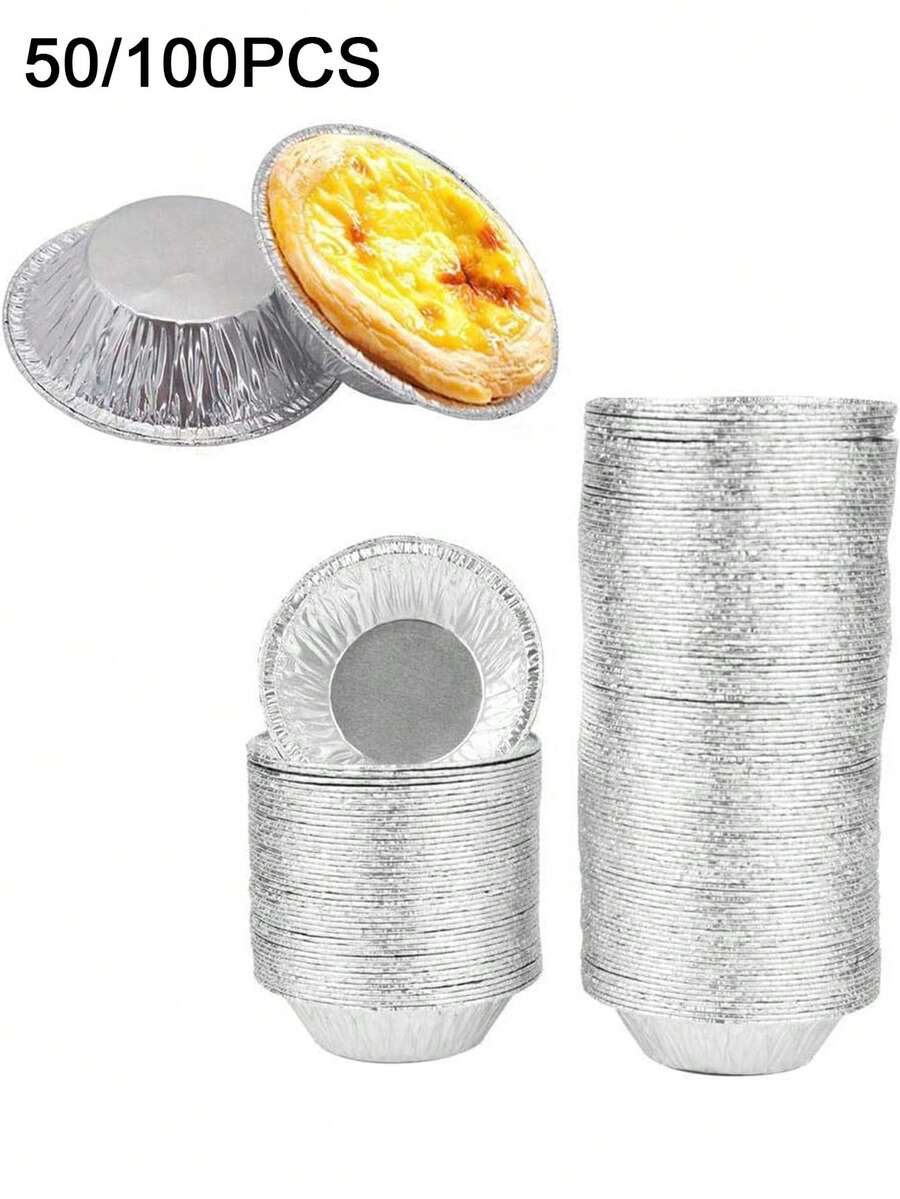 50/100个银色迷你派模具，一次性圆形挞皮，铝箔挞杯，适用于烘焙迷你鸡肉派、自制小蛋糕和乳蛋饼、甜点、纸杯蛋糕、布丁、开胃菜。铝箔模具，冷冻后可直接放入烤箱，适合家庭厨房使用。 - 彩色 - 查看 1