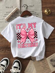 Tween Girls Students Casual Printed White Crew Neck Short Sleeve T-Shirt, Summer Top - White - View 4