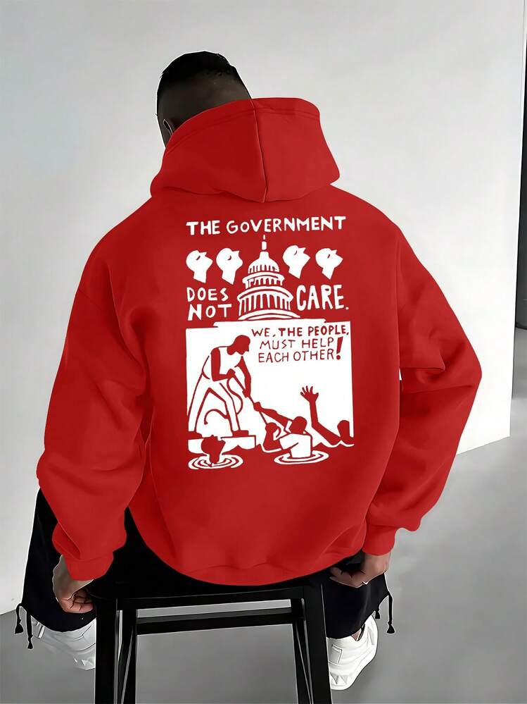 Sudadera con capucha gráfica para hombres "El gobierno no se preocupa por las personas" - Sudadera de calle roja vibrante con bolsillo canguro, diseño de declaración política audaz, ropa de invierno casual lavable a máquina para hombres, estilo urbano, moda callejera, tela duradera, material cómodo, jóvenes adultos - Rojo - Añade 1