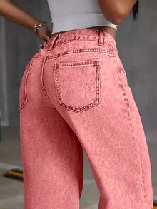 Women's Loose Fit Straight Leg Pockets Casual Jeans Spring - Hot Pink - View 3