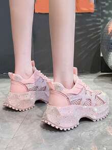 2025 New Starry Rhinestone Thick Sole White Sneakers For Women, Fashionable Elevated Casual Running Shoes - Pink - View 5