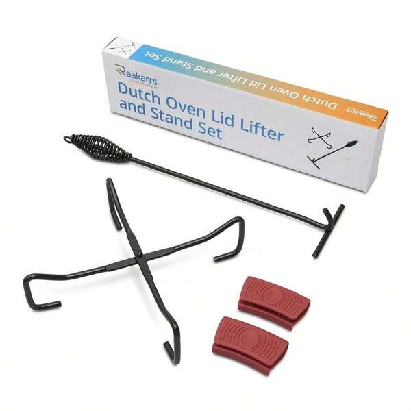 Oven Lifter Set With Silicone Grips HeavyDuty Cast Iron Accessory For Camping Amp Outdoor Cooking Pot Lifter, Lid Stand Amp Trivet For Handling Hot Cookware