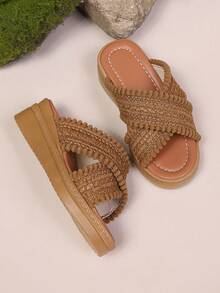 1双儿童/青少年编织镂空纹理厚底交叉绑带休闲沙滩凉鞋 - 棕色 - 查看 5