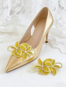 1对可拆卸3D花朵鞋夹，镶钻彩色水晶金色鞋饰