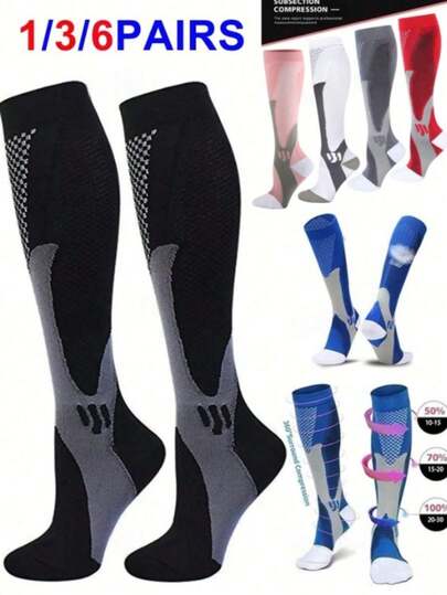 6 Pairs Breathable, Odor-Resistant, Moisture-Wicking Compression Socks With Geometric Pattern, Nylon Blend Side Stripes, Unisex, Soft & Comfortable Crew Socks, Suitable For Running, Travel, Hiking, All Seasons