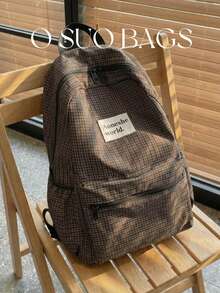 Large Capacity Fashionable Plaid Multi-Pocket Nylon Casual Backpack, Waterproof Lightweight Foldable Drawstring Patch Letter Travel Bag, Summer - Brown - View 10