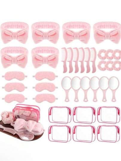 6pcs Women's SPA Pajama Party Set, Including Pink SPA Headband, Pink Sleep Mask, Pink Velvet Scrunchie, Pink Mirror, Comb And Pink Transparent Makeup Bag, Perfect Gift Set For SPA Party, Sleepover Party, Pajama Party And Bachelorette Party