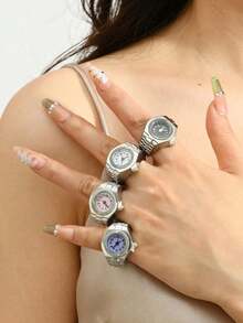 1件小众朋克风时尚创意手表戒指，弹性材质，适合手指佩戴，多种颜色可选（金色、白色、粉色、紫色、蓝色、红色、黄色） - 銀色 - 查看 13