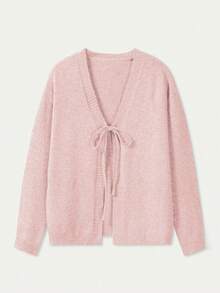 FOR BEAUTY 复古V领系带长袖针织开衫，时尚简约百搭，宽松版型毛衣开衫，女士秋季/新年必备 - 淺粉 - 查看 6