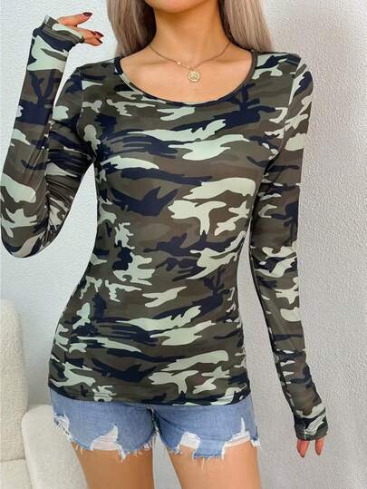 Women's Camouflage Print Round Neck Long Sleeve T-Shirt - Loose Casual Top, Comfortable & Machine Washable For All Seasons, Versatile & Fashionable, Fabric Vacation Spring