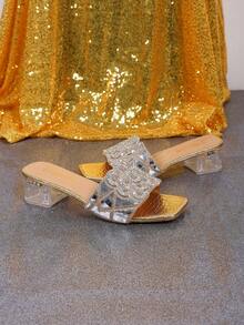 1 para modnych, błyszczących, odblaskowych, zdobionych kryształkami sandałów wsuwanych w dużych rozmiarach dla nastolatek, eleganckie, kryształowo-przezroczyste klapki na grubym obcasie, uniwersalne na urodziny, imprezę, na co dzień, do pracy, w podróż, na wiosnę/lato - Złoto - Zobacz 7